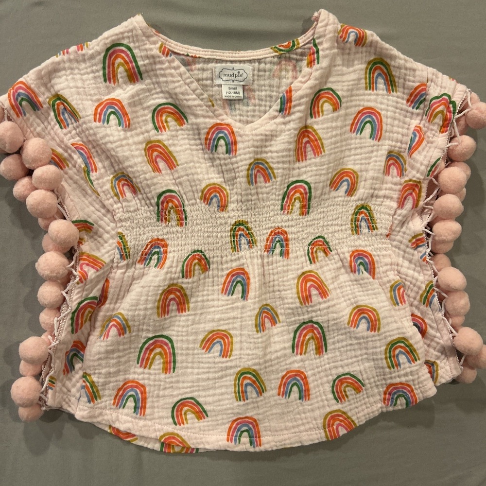 Mud Pie Baby Girls Dress 12–18M Pink Rainbows Muslin Cotton Pom Trim Summer